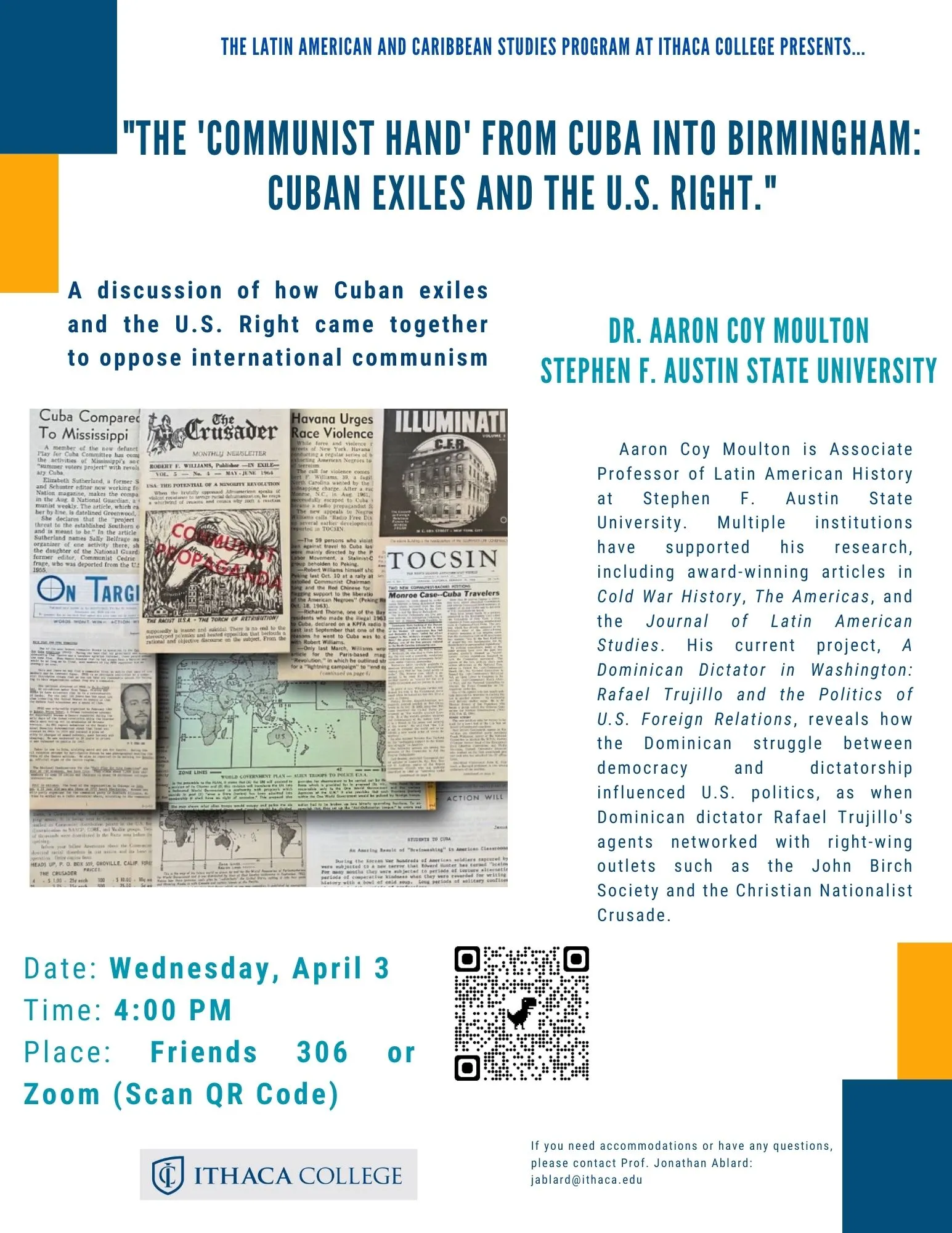 Flyer with talk details. On the left hand side of the flyer there is a photo collage with various pages from newspapers. Below this flyer towards the bottom center of the flyer there is a QR code. 