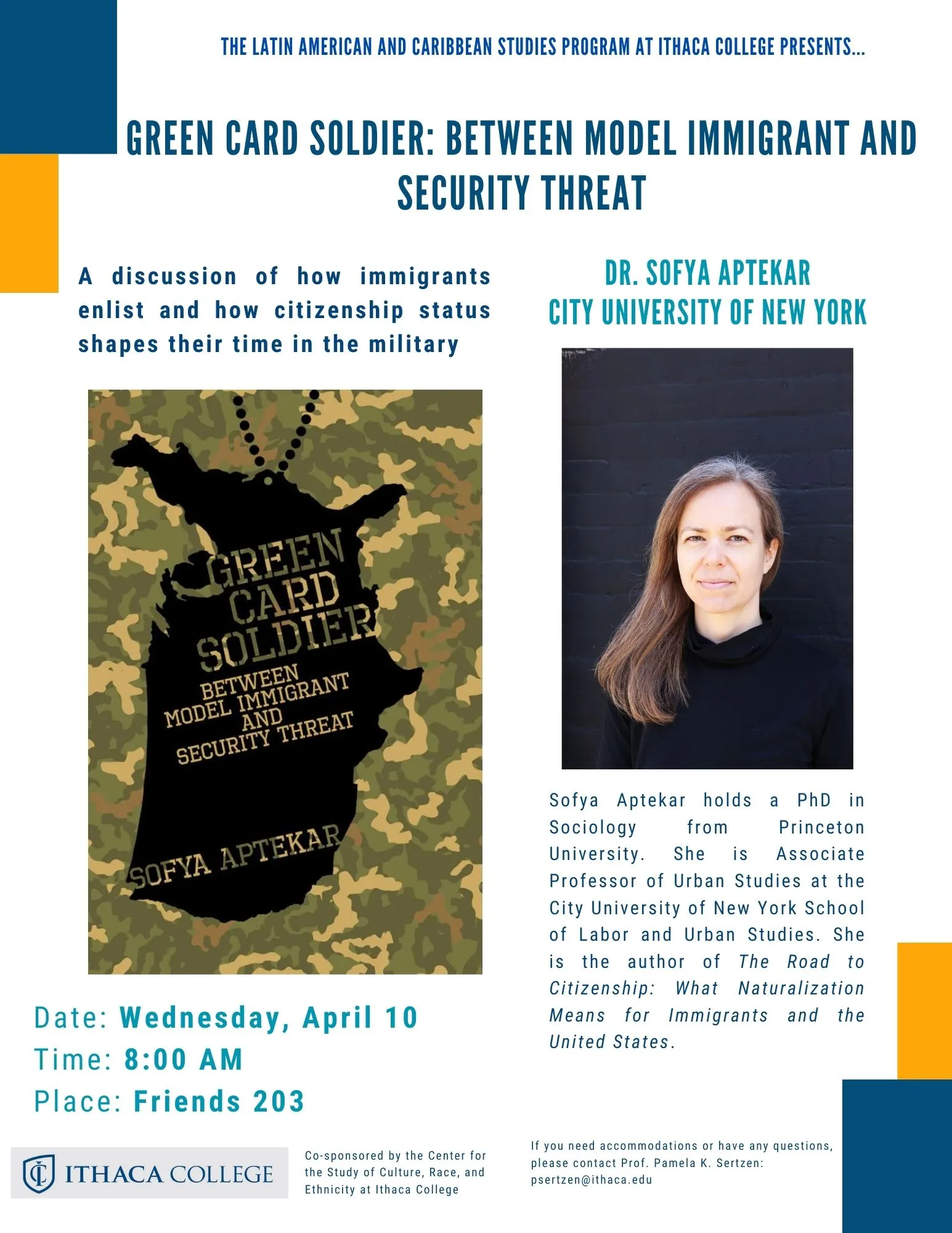 Flyer with information about talk. On the left-hand side, there is an image with a silhouette of the United States map depicted as military dog tags with a green camouflage pattern as background. On the right-hand side there is a photo of a white woman with long brunette hair with a black shirt on a dark background. 