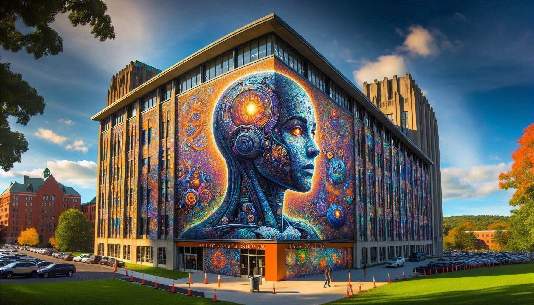 a building with a person's profile in the corner of the building