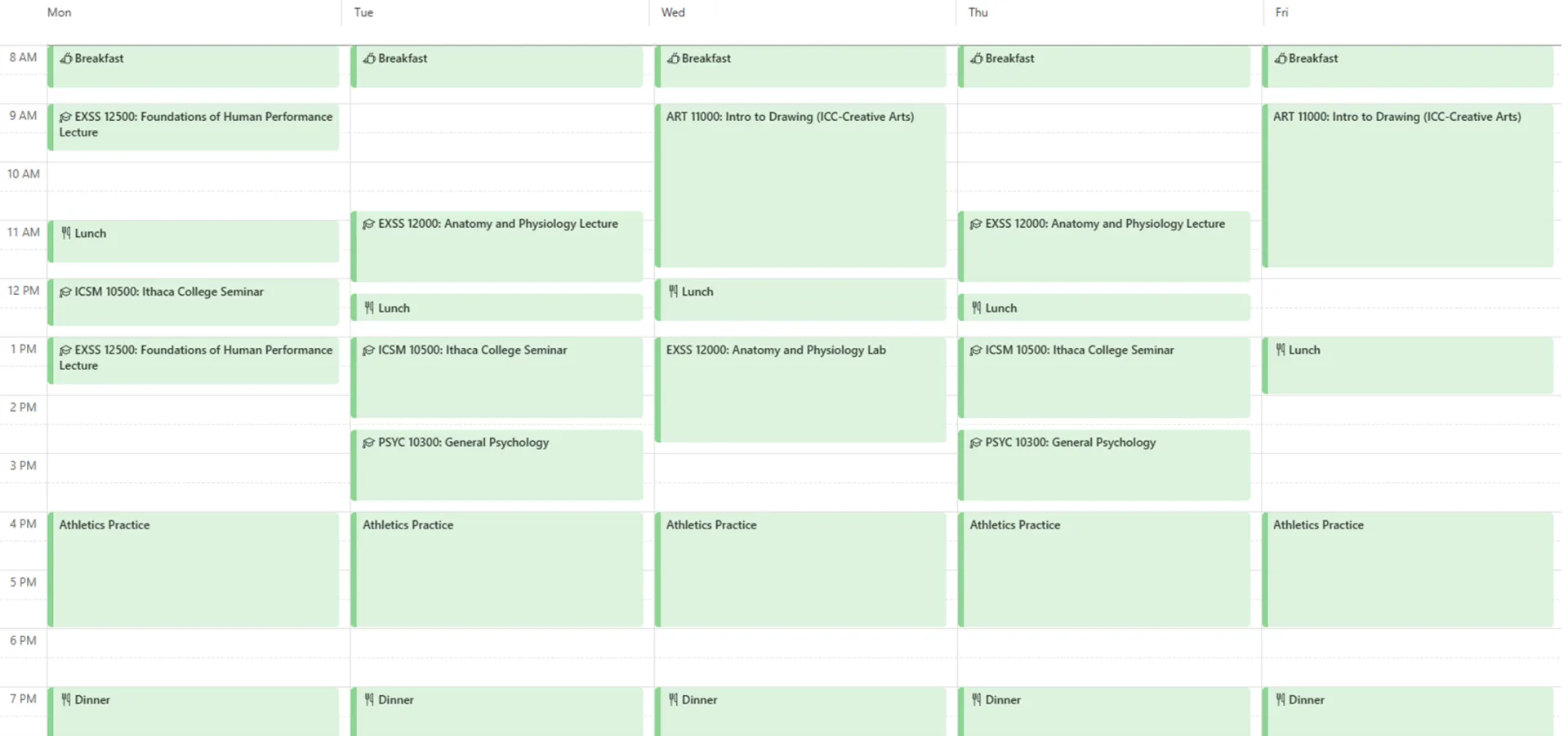 This is a sample academic schedule for a student in exercise science who is an athlete.