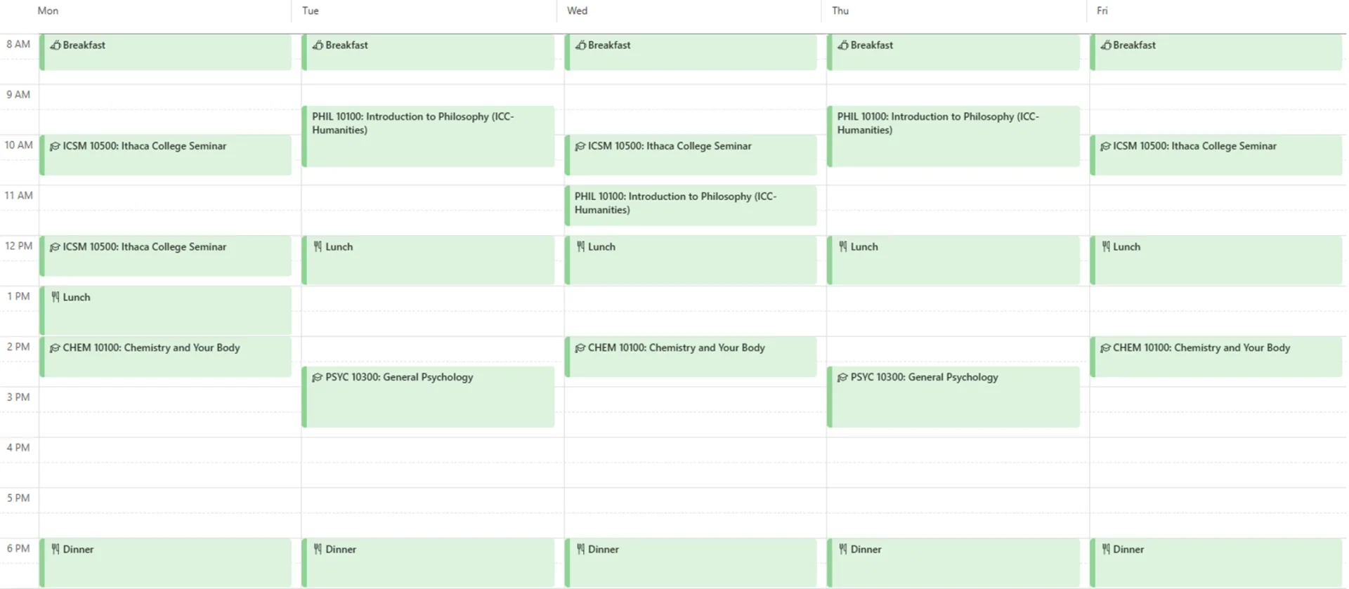 This is a sample academic schedule for an occupational therapy student who is not an athlete.