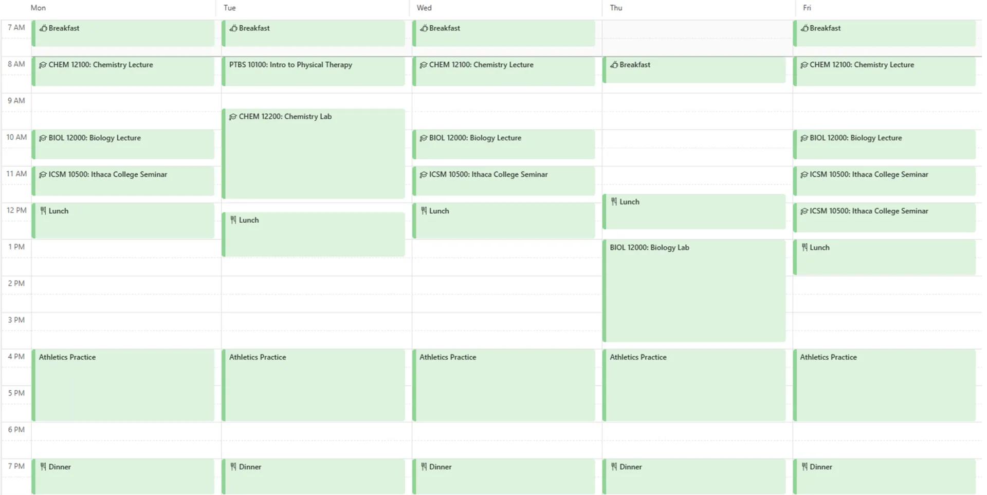 This is a sample academic schedule for a student in physical therapy who is also an athlete.