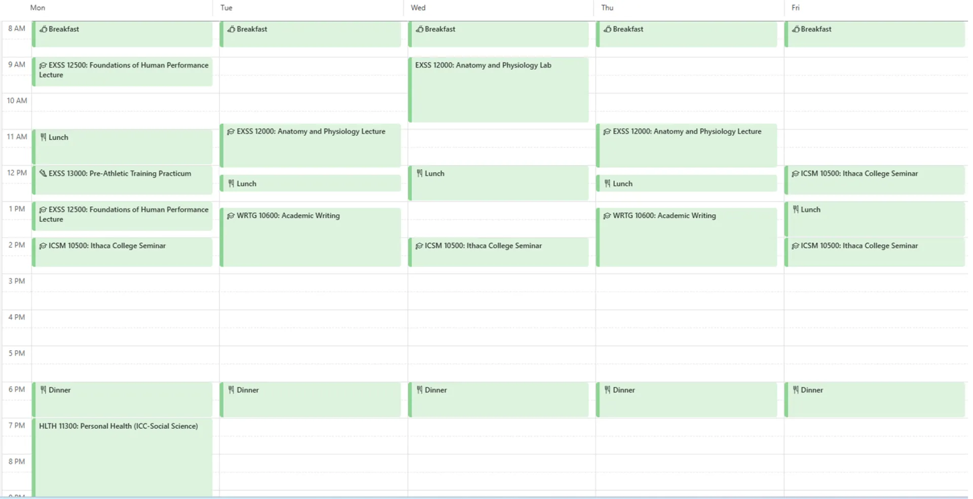 This is a sample academic schedule for a pre-athletic training student who is not an athlete.