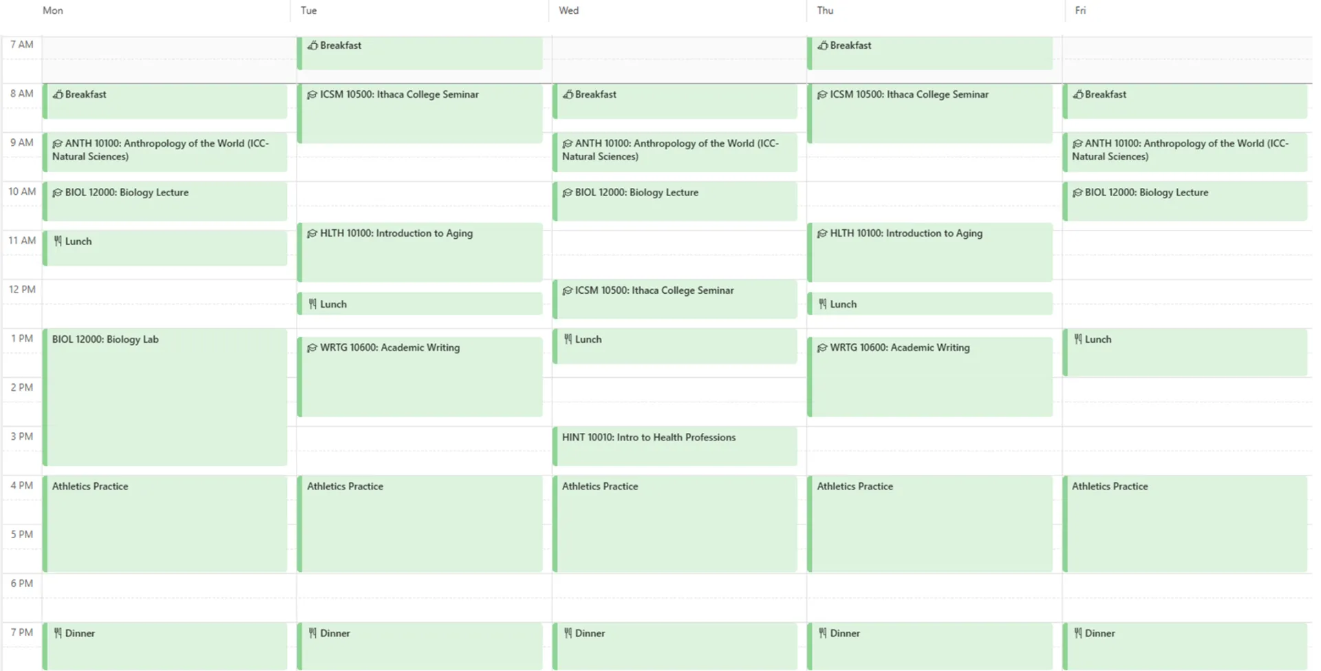 This is a sample course schedule for a pre-health professions program student who is an athlete.