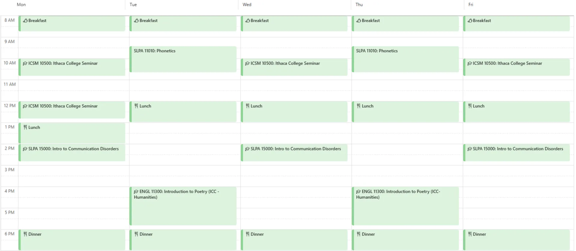 This is a sample academic schedule for a speech-language pathology student who is not an athlete.
