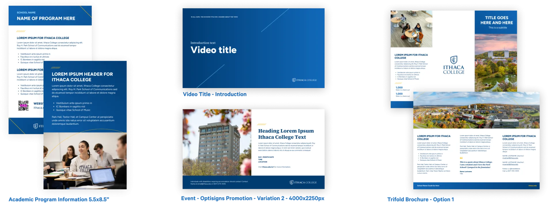 A graphic showing four samples of templates available in the IC template library in Canva.