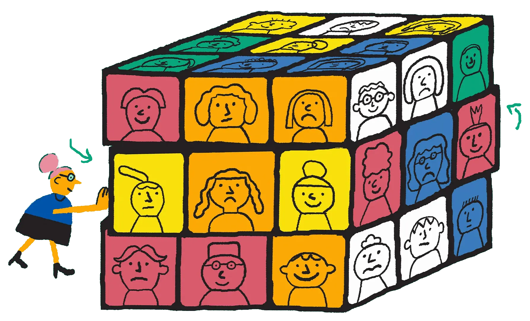 a figure of a teacher solving a rubix cube of faces depicting different emotions