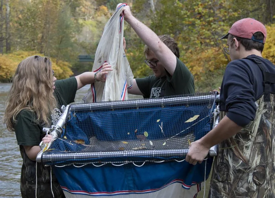 Susan Allen working with students in a river