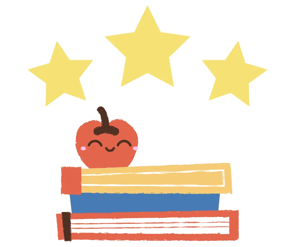 a happy happy sitting upon books underneath three stars