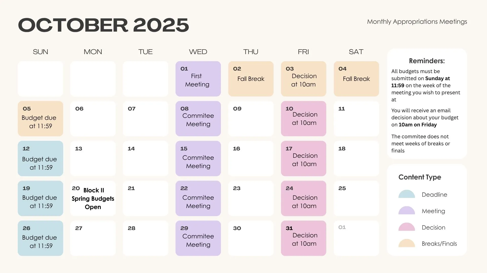 October Approps Calender 