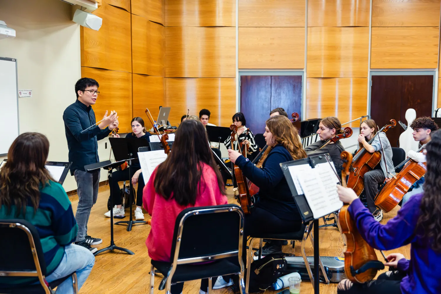 students in chamber orchestra rehearsal