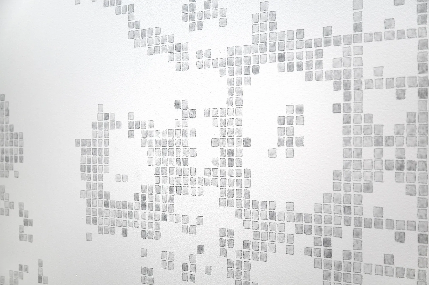 and when you change the landscape, is it with bare hands or with gloves? (lichen, woodwork, grate), 2023 (detail), graphite drawing of selbu mitten knitting pattern, 99 x 67 linear in. as installed, Kristen Wigley-Fleming Gallery, Luther College, Decorah, IA 