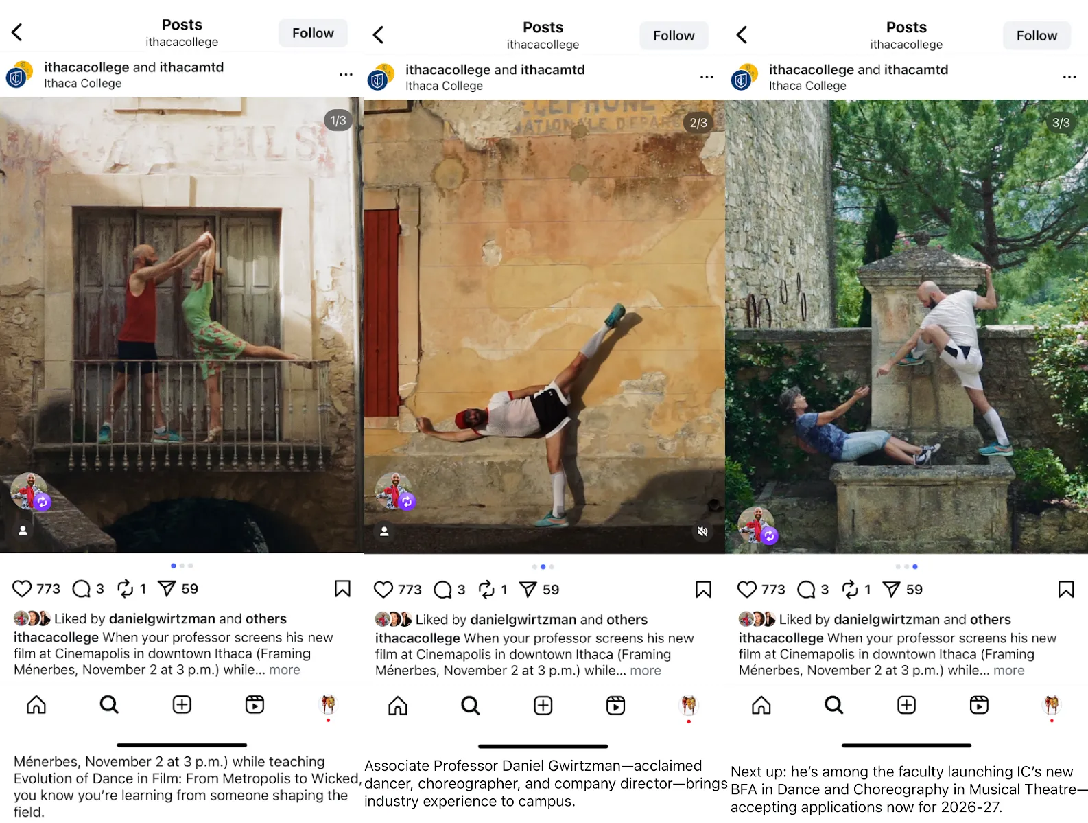 Three images of Framing Menerbes in an Instagram Post by Ithaca College
