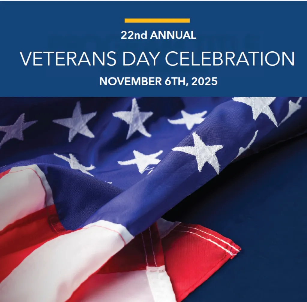 Poster promoting Veterans Day Celebration with a US flag on it.