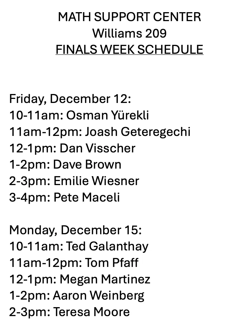 FA25 Support Center Finals Week Schedule