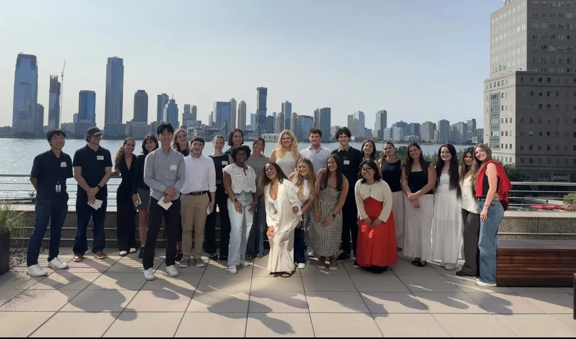 Students gathered on pier