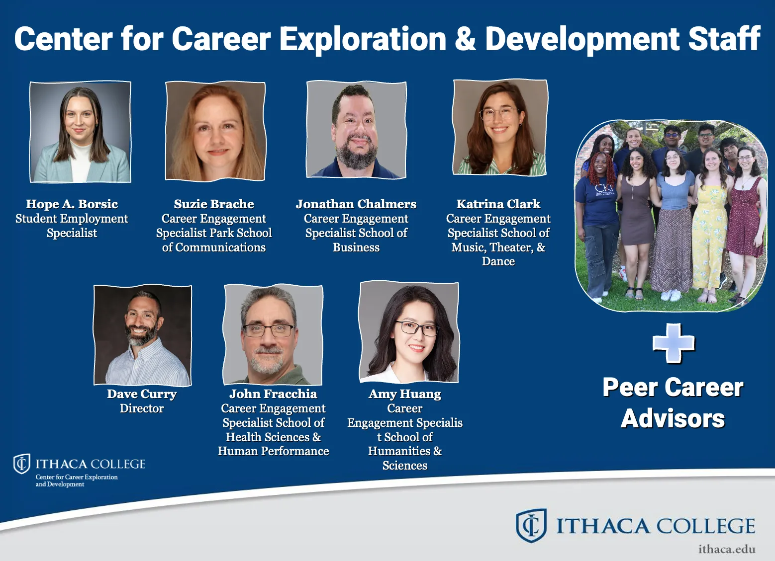 Image of the career center staff: Hope Borsic, Suzanne Brache, Jonathan Chalmers, Katrina Clark, Dave Curry, John Fracchia, Amy Huang