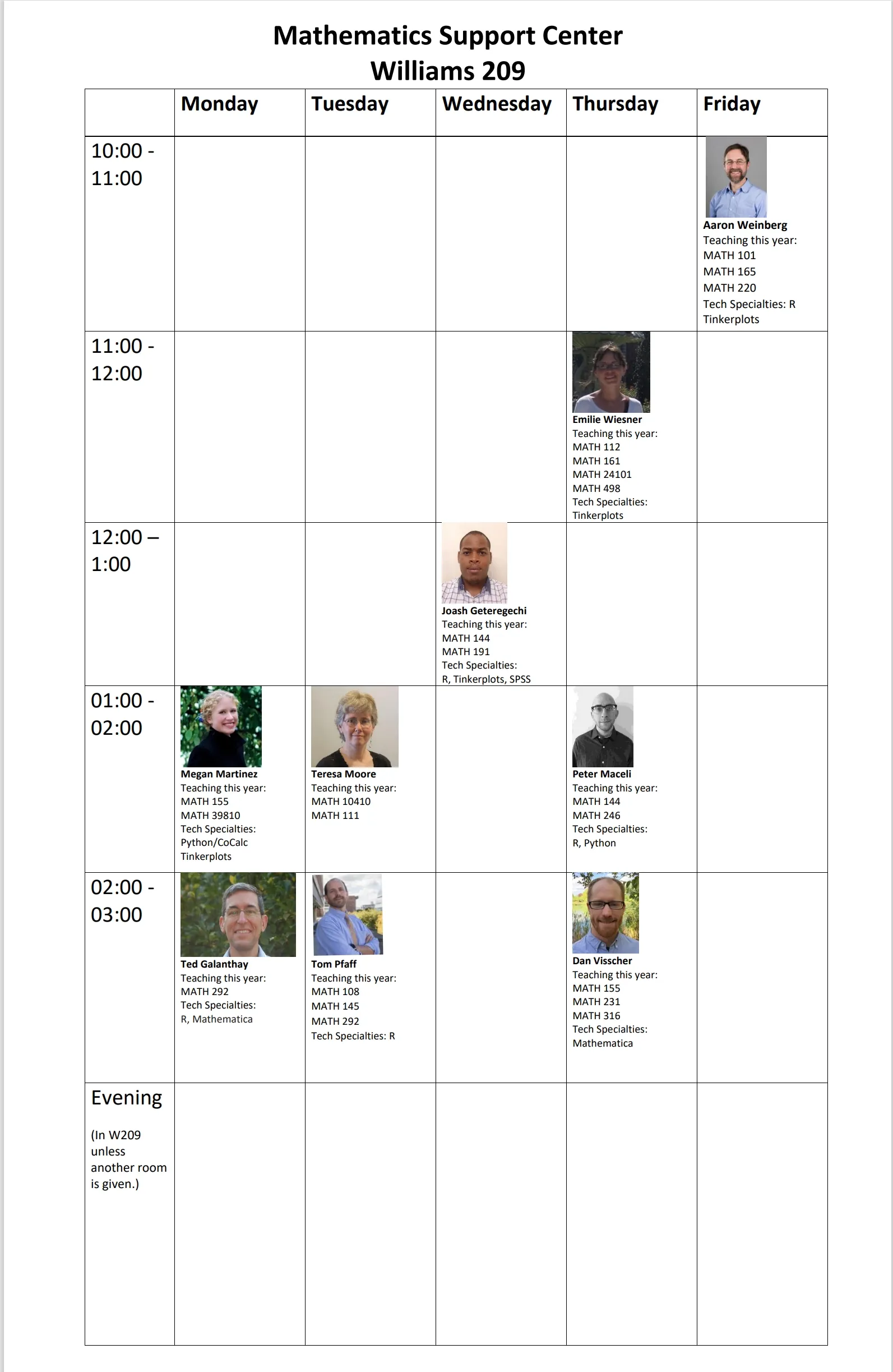 Spring 2026 Math Support Room Schedule