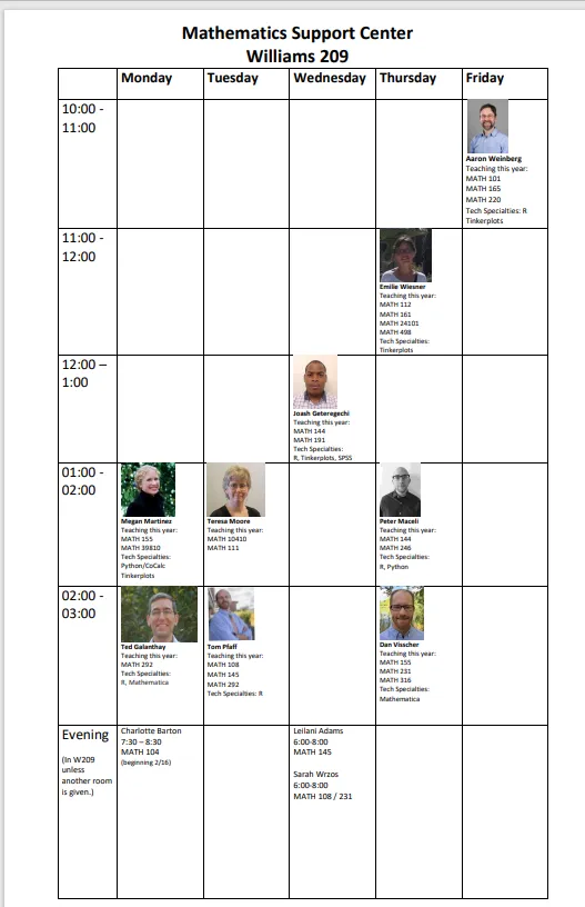 Spring 2026 Math Support Room Schedule