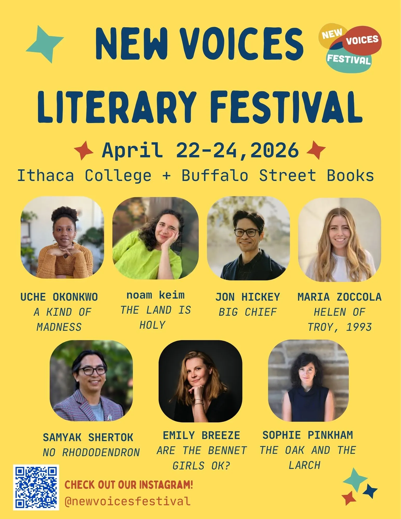 The New Voices Literary Festival will feature Uche Okonkwo, noam keim, Jon Hickey, Maria Zoccola, Samyak Shertok, Emily Breeze, and Sophie Pinkham.