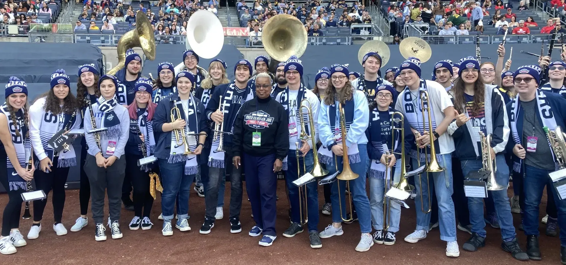 A college pep band at a football stadium.