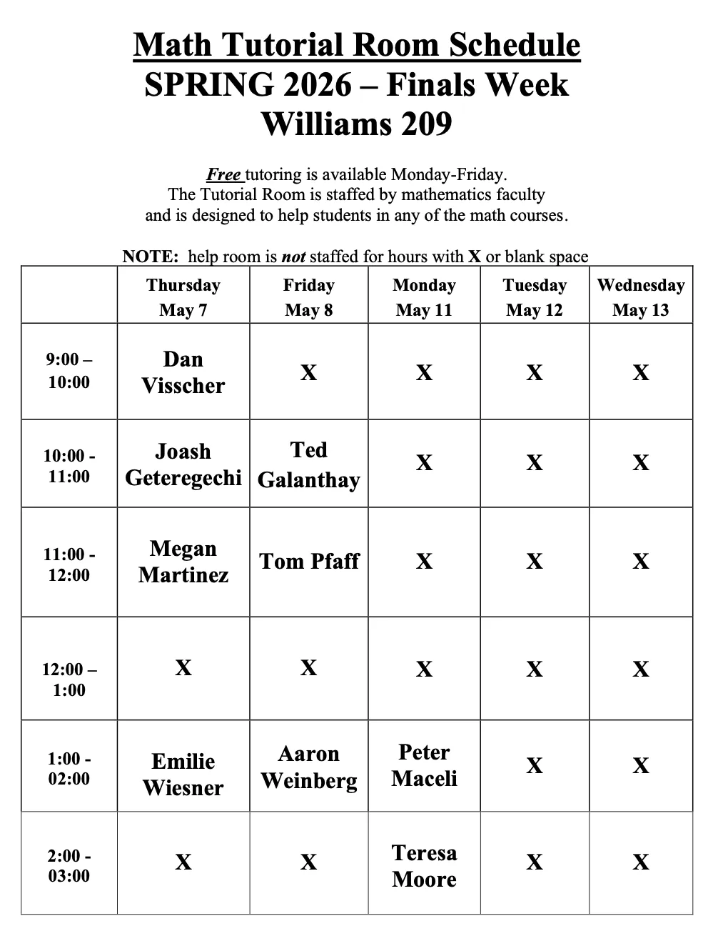 Finals' week schedule for Math Support Center