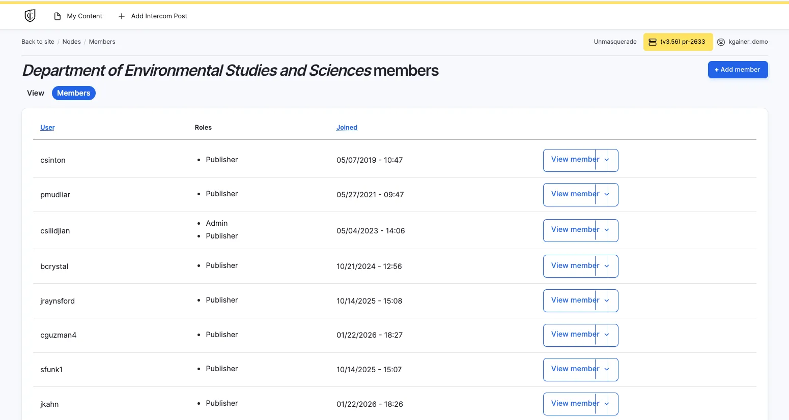 Example of the site-group Members view