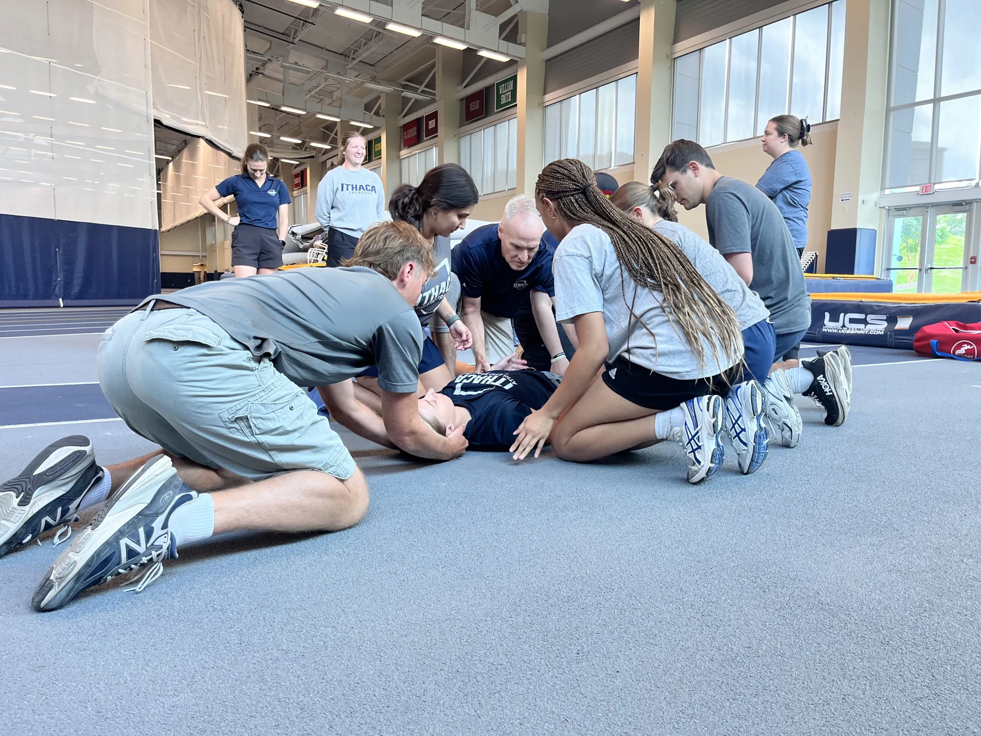 Practicing how to stabilize and transport potential spinal injury patient
