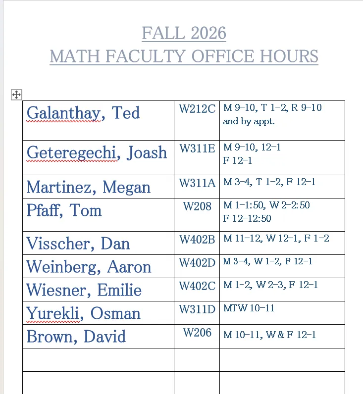 Fall 2026 MATH FACULTY OFFICE HOURS