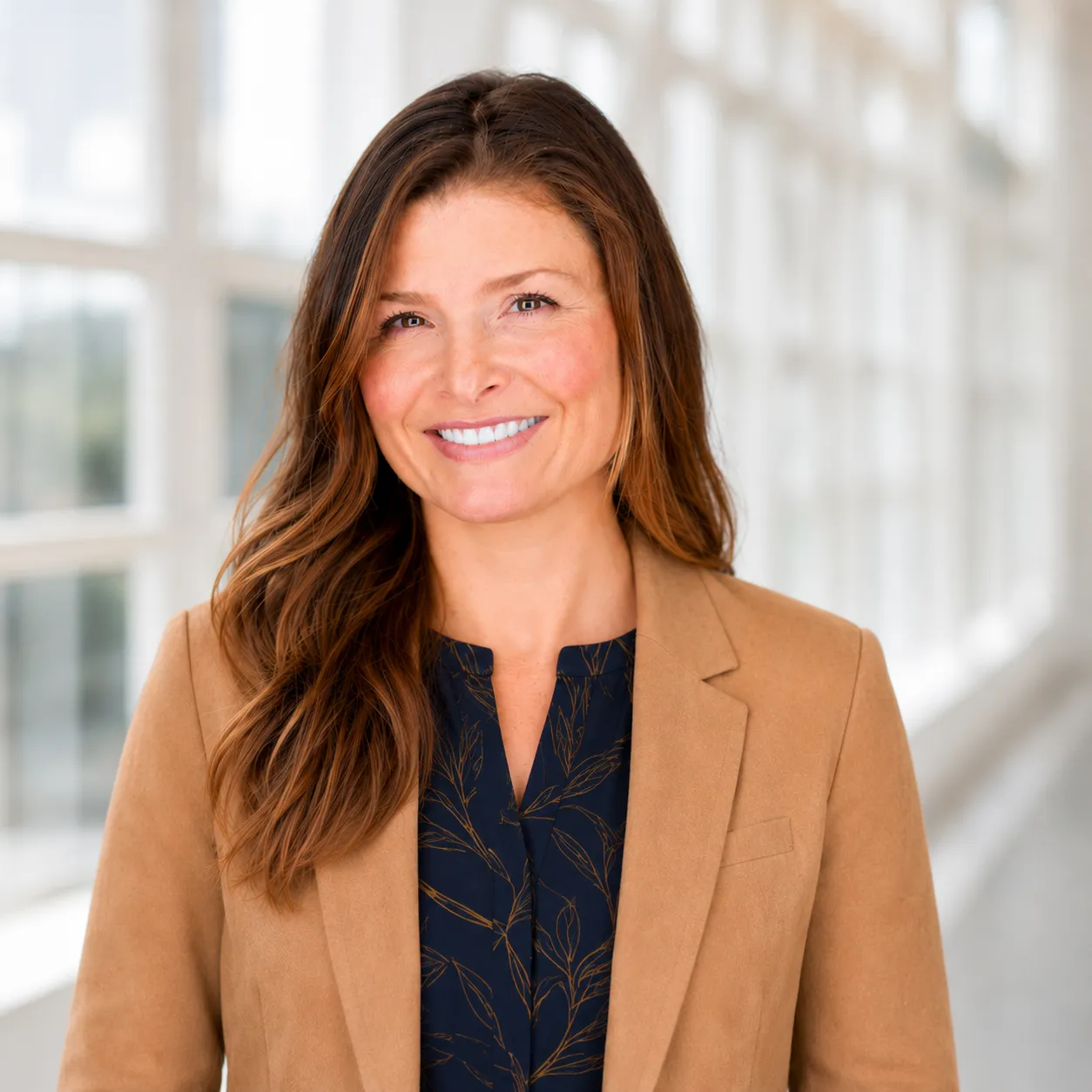 Professional photo of female in a tan blazer