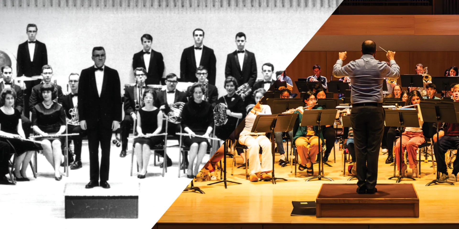 A juxtaposition of an archival black and white photo of a band on the left and a contemporary color photo of a band on the right.