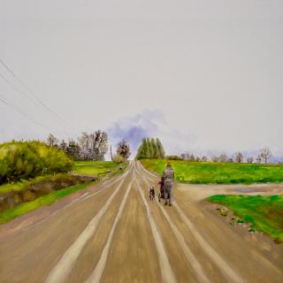 Oil panting of a woman pushing a stroller and walking a dog down a long, empty road lined with power lines in green country, approaching an intersection.