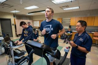 A student in a blue Ithaca College shirt is running on a treadmill. A faculty member in a blue shirt stands to the right, making notes. Another student is on a computer that is hooked up to the computer to the left and is monitoring the exercise session too.