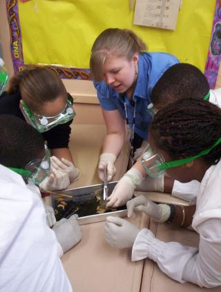 A student-teacher shows high school students a dissection