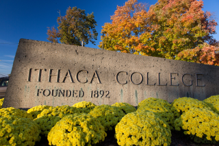 The entrance of the IC campus, the words "Ithaca College" engraved on a stone sign with yellow bushes around it.