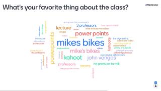 A word cloud generated from the World of Business class with large and small words. Professor Vongas' name is included which means he's one of the students' favorite things about class.