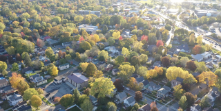 Downtown Ithaca fall aerial.