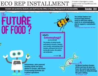 A light blue background with purple text reading, "the future of food?". A robot holding a flower stands below, surrounded by images of insects.
