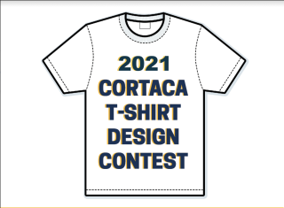 "2021 CORTACA T-SHIRT DESIGN CONTEST" written in blue writing with a yellow shadow printed on a blank white t-shirt