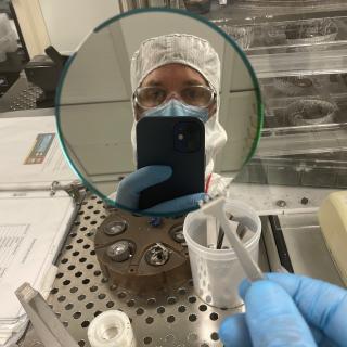 Silicon wafer during processing in the clean room.