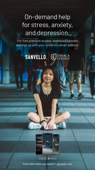 Image of woman sitting Sanvello promotional graphic