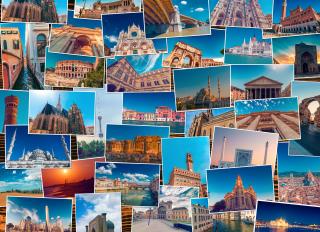 A collage of pictures showing many international destinations