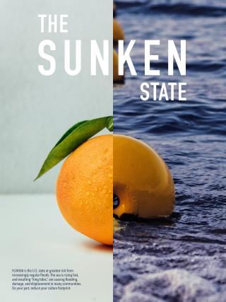 A poster depicting an orange, half in water