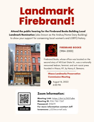 Brick and wooden building and Firebrand Books read and black logo