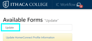 Image of IC Workflow with the word "Update" searched for in the Available Forms