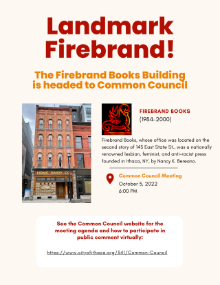Firebrand Books Building with meeting information