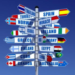 Signpost with arrows pointing in all directions to many different countries