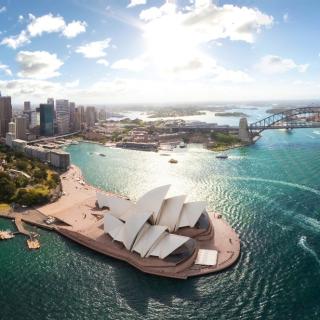 A view of the Sydney Opera house and the city from above