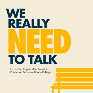 Title of podcast We Really Need to Talk in dark blue and yellow letters