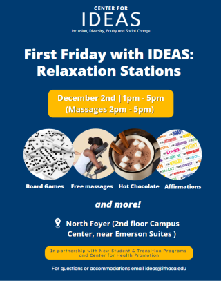 Event flyer with images of games, massage chair, hot cocoa, and affirmations